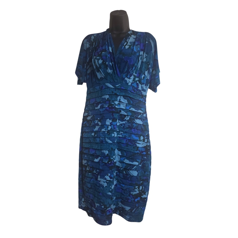 London Times Womens Size 8 Blue Abstract Floral Tiered Pleated Sheath Dress